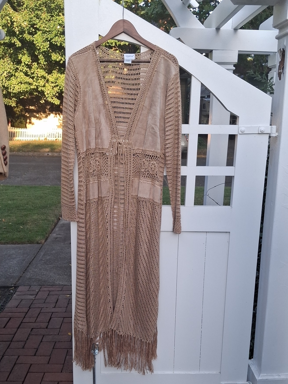 Together Beige Open-Knit Fringe Maxi Suede Cardigan